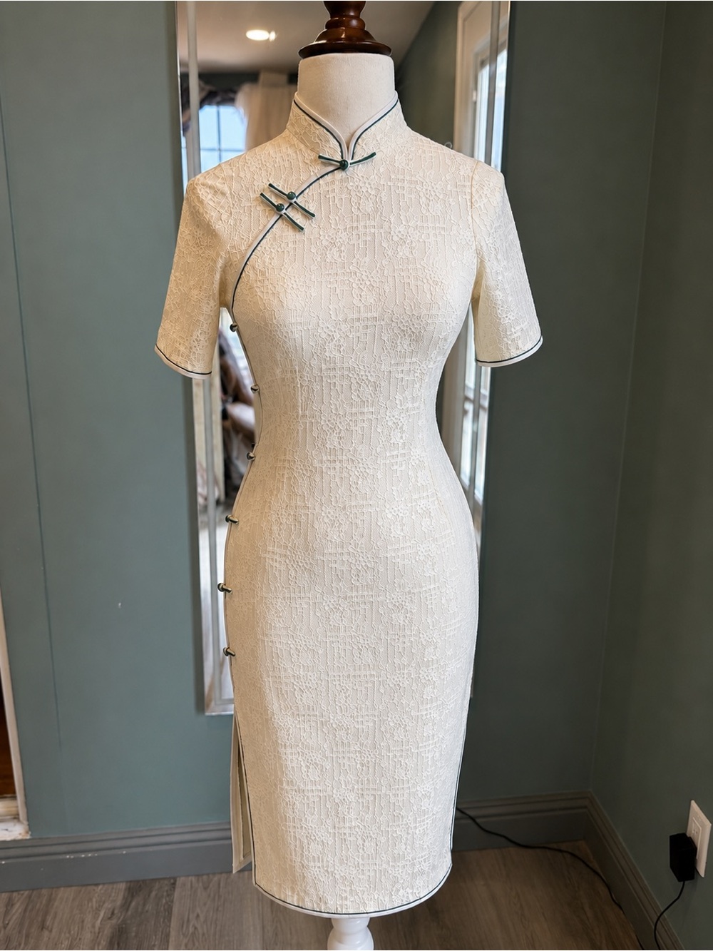 Vintage Ivory Lace Shimmer Midi Qipao Cheongsam Dress XS XXS